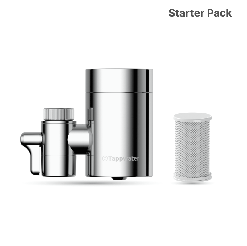 An EcoPro Chrome SMR faucet water filter with a chrome finish and a separate cylindrical filter cartridge are displayed side by side on a white background, with "Starter Pack" in the top right corner.