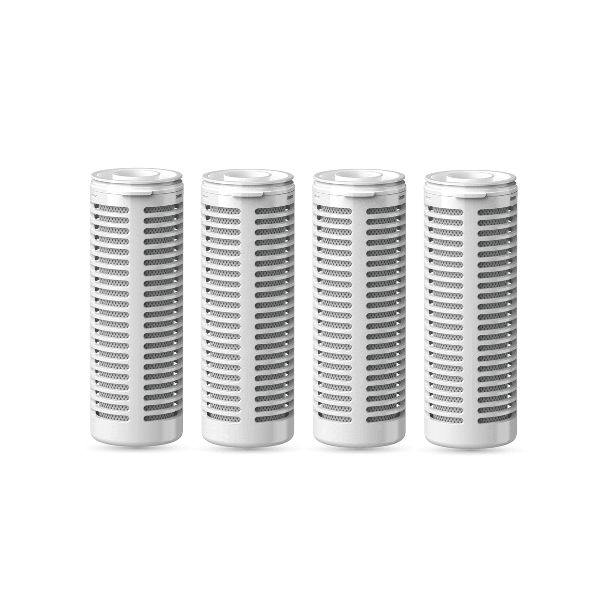 Four white cylindrical filters with metallic grating on a white background