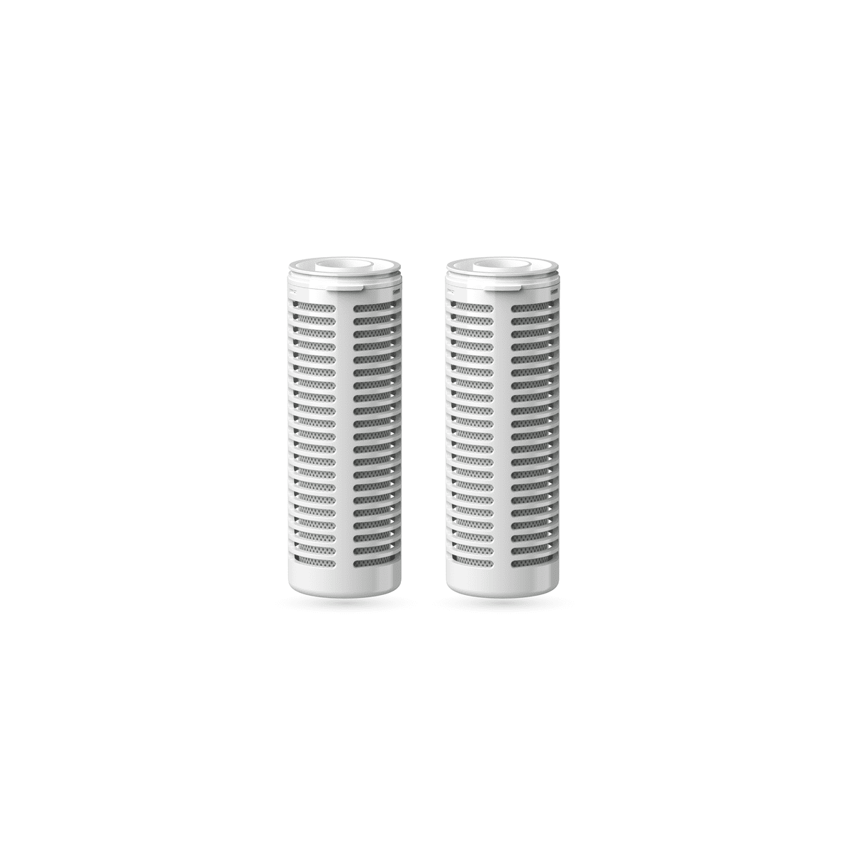 Two silver cylindrical filters on a white background