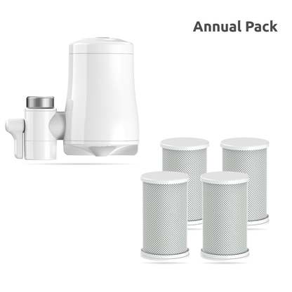 Annual water filter replacement pack featuring a white water filter with a silver valve adapter on the left, and four white cylindrical filter cartridges on the right, with the text 'Annual Pack' in the top right corner.